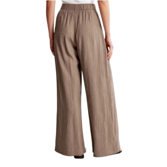 Abercrombie & Fitch Crinkle Texture Wide Leg High Rise Waist Pants Tan Brown LG - Picture 2 of 12